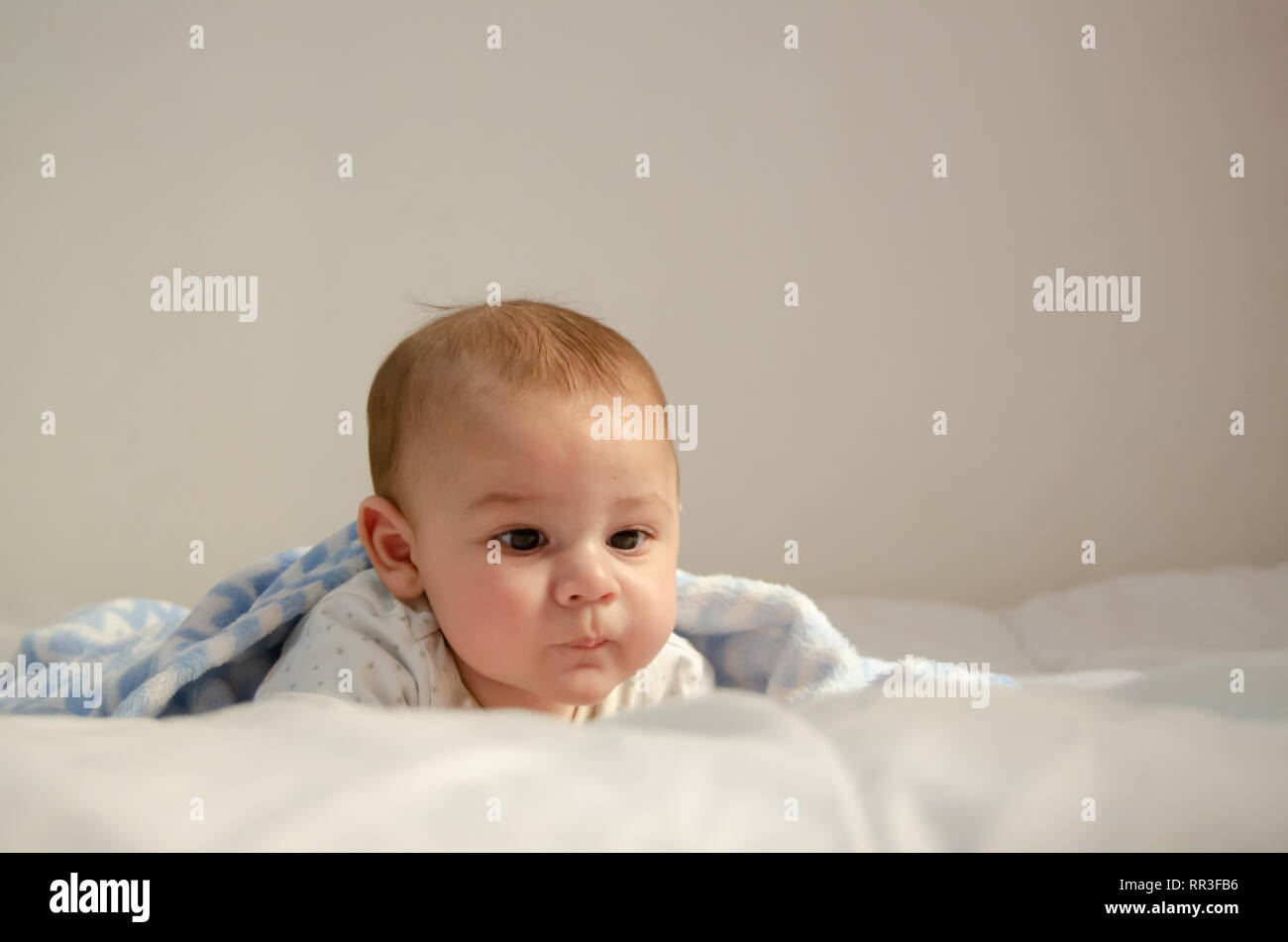 Cute 4 Mois Bebe Garcon Ayant A Plat Ventre Sur L Edredon Blanc Couvert De Couverture Bleue Sante Et Enfance Heureux Concept Photo Stock Alamy