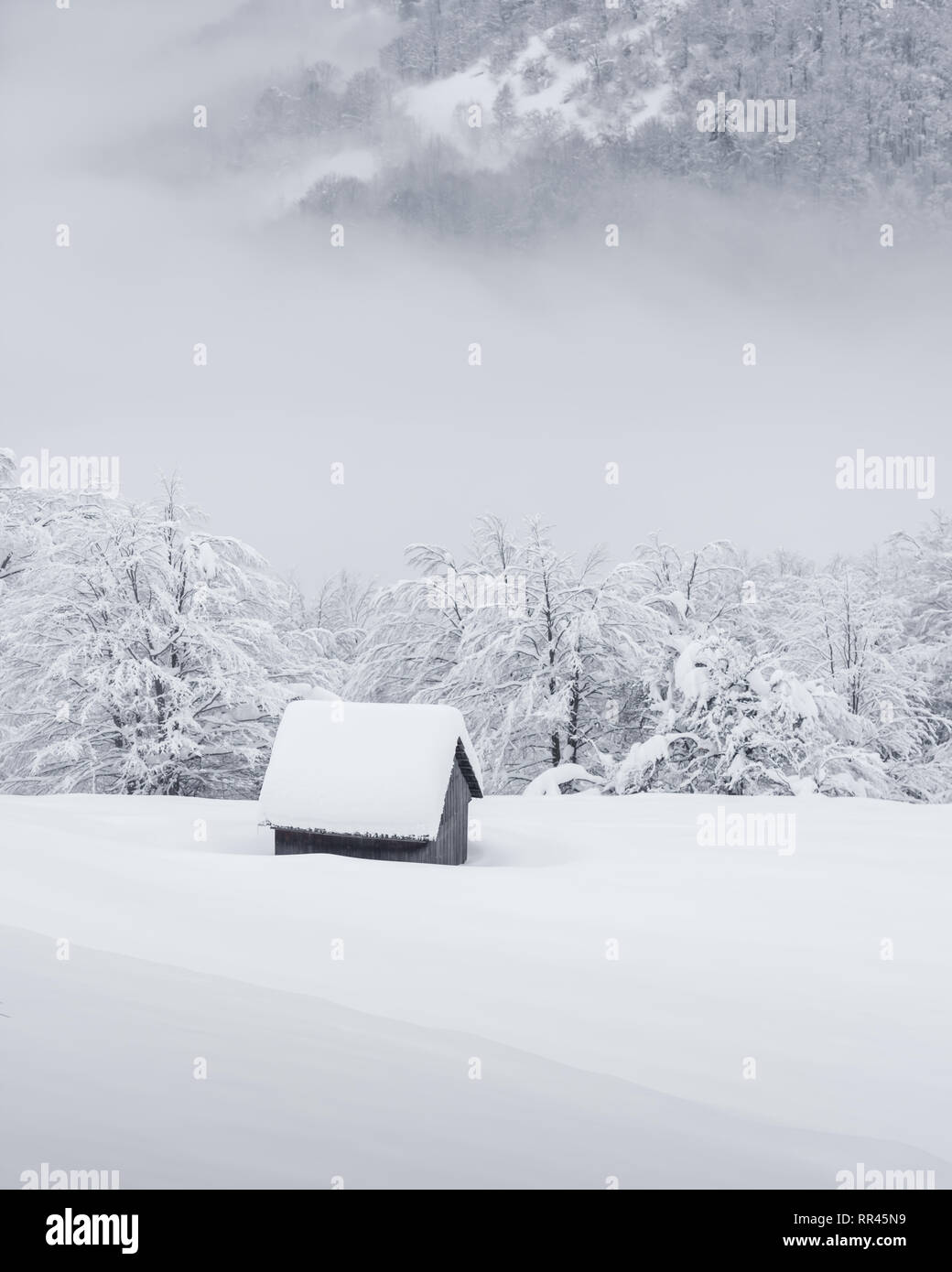 Paysage d'hiver fantastique avec maison en bois dans les montagnes enneigées. Concept de vacances de Noël Banque D'Images