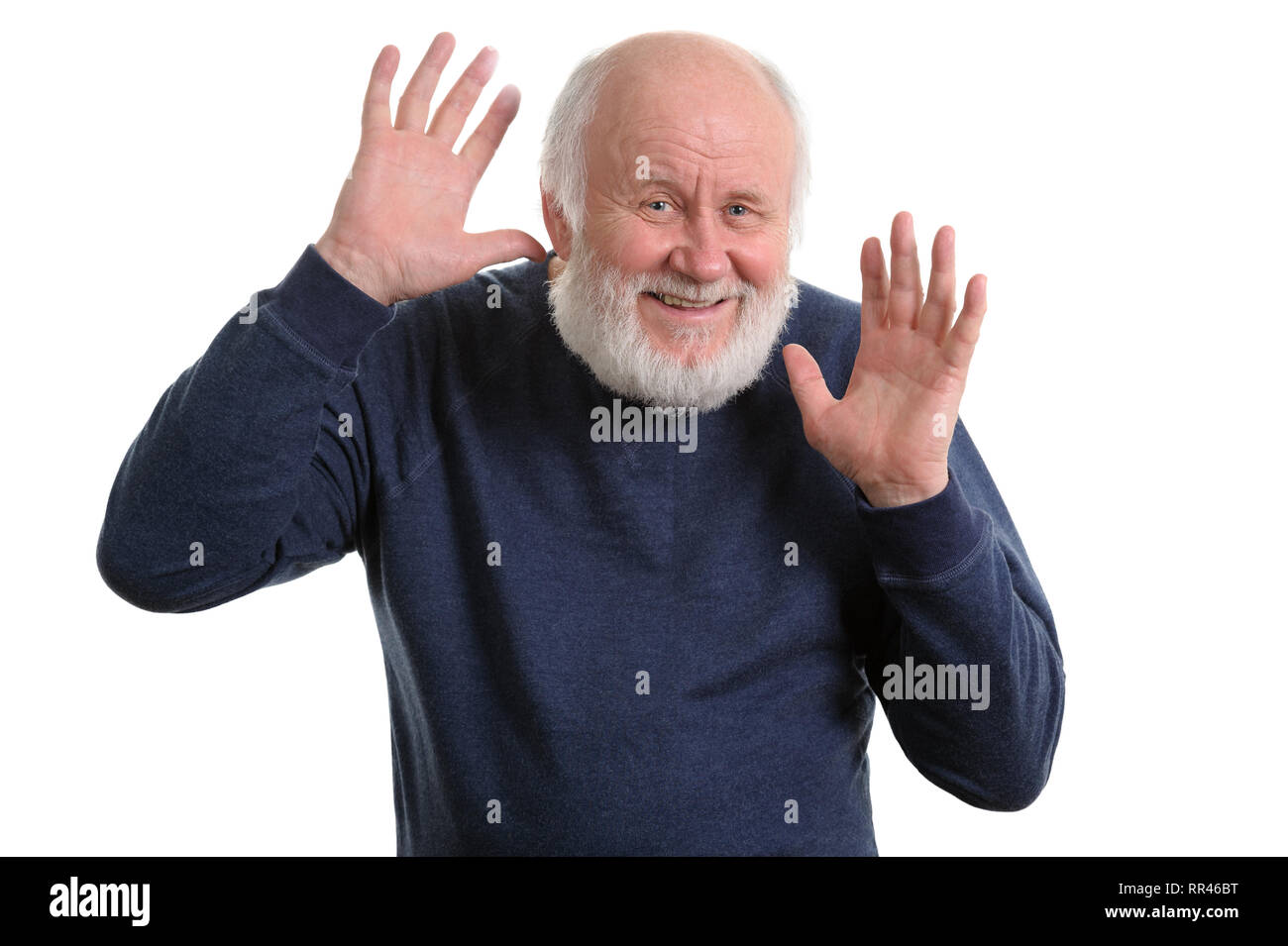 Vieil homme montre ses paumes vides isolated on white Banque D'Images