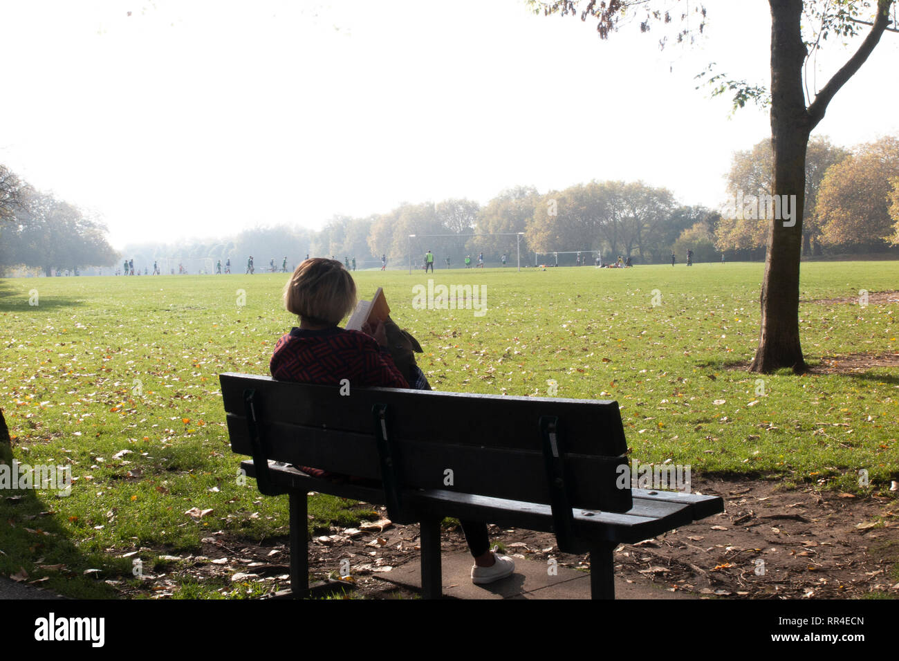 Une Dame Se Detend Sur Un Banc De Parc La Lecture De Son Livre Et Profiter De La Paix Et Le Silence Photo Stock Alamy