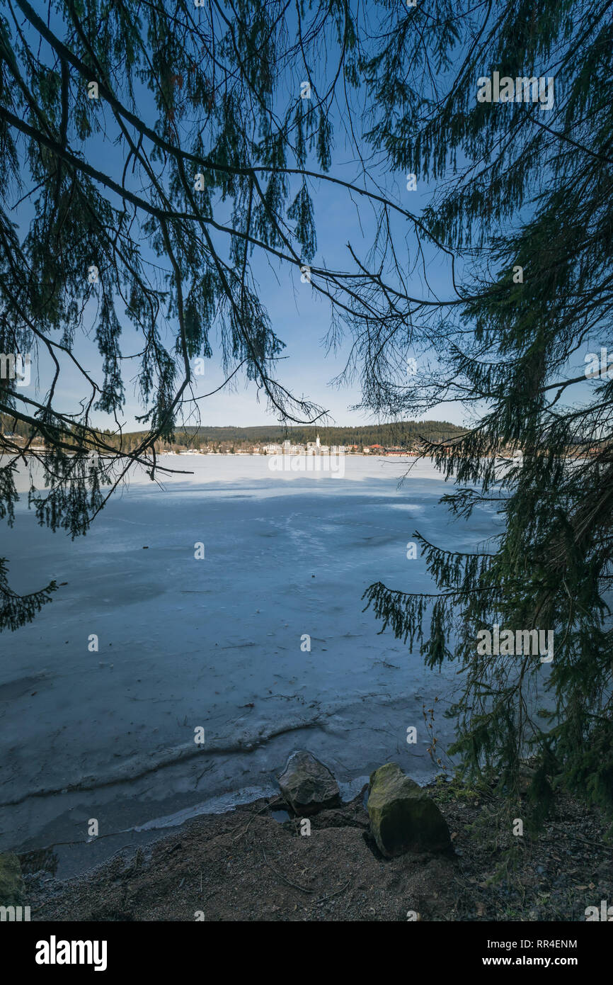 Paysage d'hiver sur le Titisee gelé dans la Forêt-Noire, Allemagne Banque D'Images