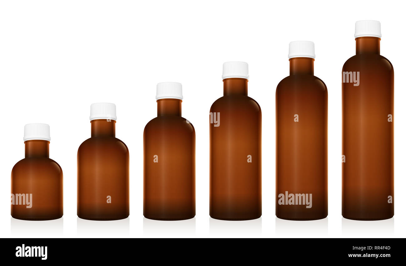 Les fioles de médicaments. Ensemble de flacons pharmaceutiques. Les fioles non étiquetées pour comprimés, comprimés, gélules, globuli. Verre Brun, non étiquetés et fermés. Banque D'Images