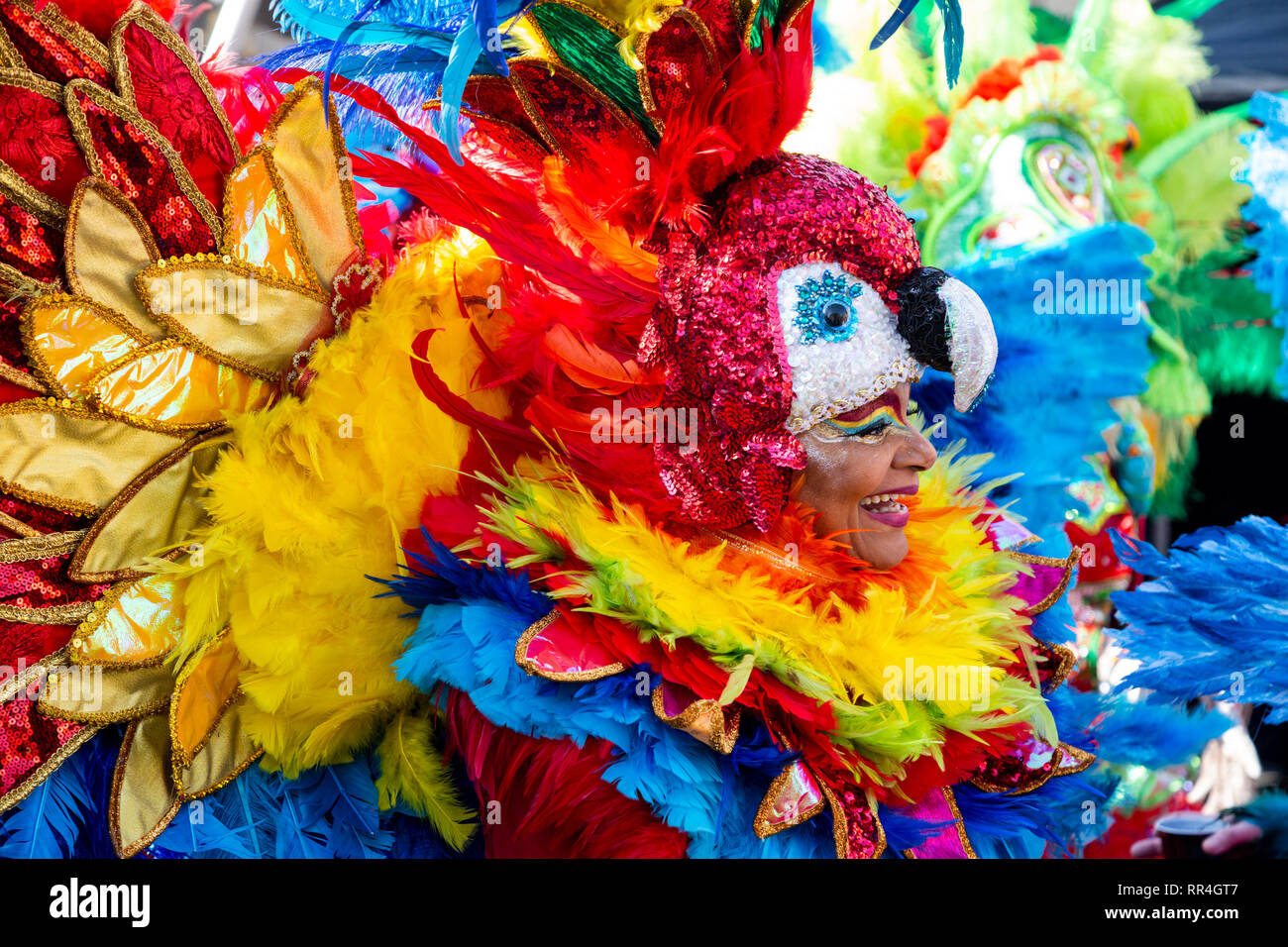 Costumes colorés avec des plumes de groupe samba Alegria. Carnaval de Samba à Brême, Allemagne Banque D'Images