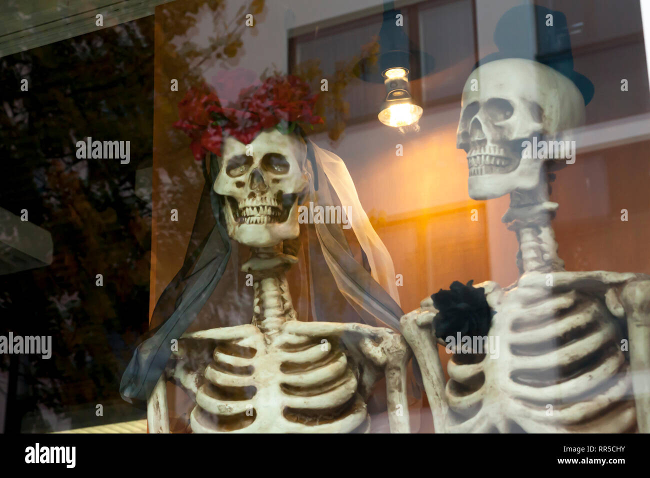 Deux habillés pour les jeunes mariés sur le squelettes fenêtre. Banque D'Images