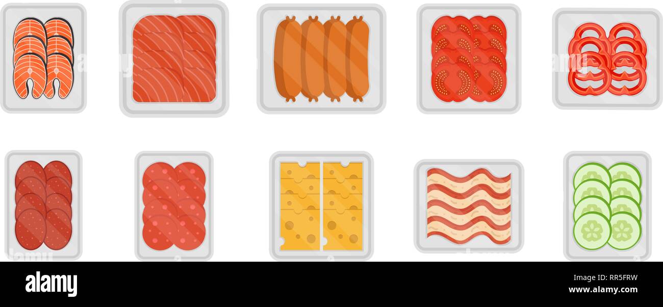 Paniers de nourriture dans des contenants alimentaires, des tranches de fromage, viande, légumes, saucisses et ainsi de suite. Produits de pique-nique icons set dans un style plat Illustration de Vecteur