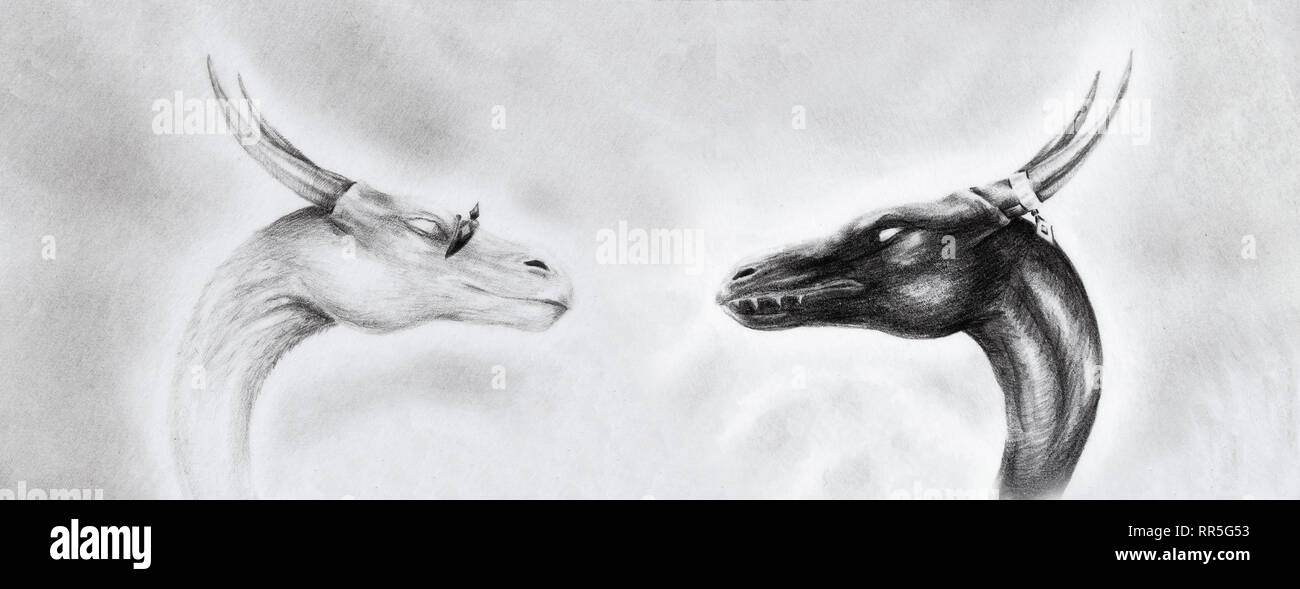 Dessin de deux têtes de dragon sur papier avec motif de fond. Banque D'Images