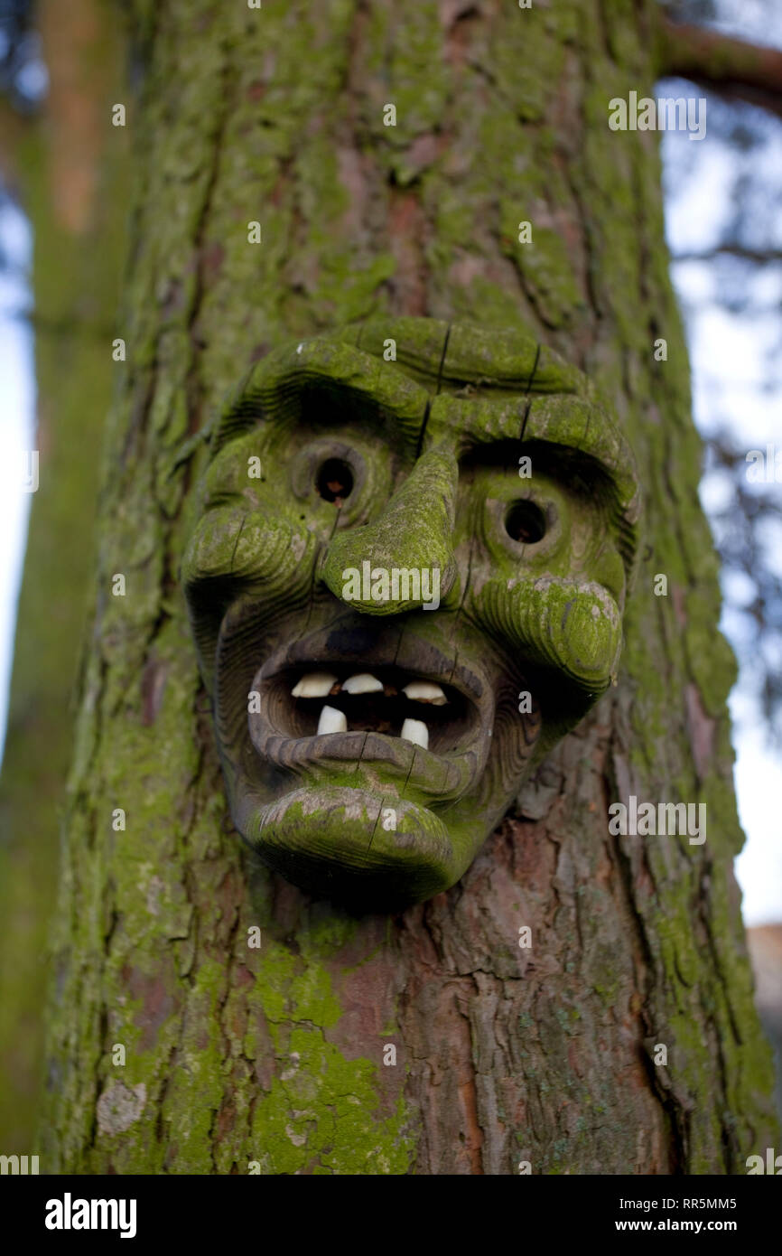Masque en bois cloué à l'arbre Banque D'Images