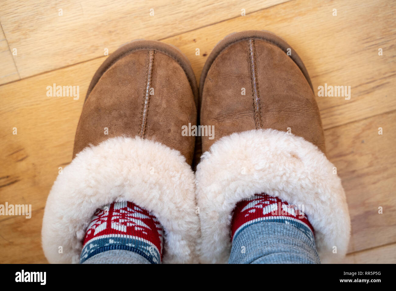 Maison confortable en cuir avec slipperes sherpa chaud chaussettes tricotées. Pieds de chaussons sur plancher de bois. Prix pour copy space Banque D'Images