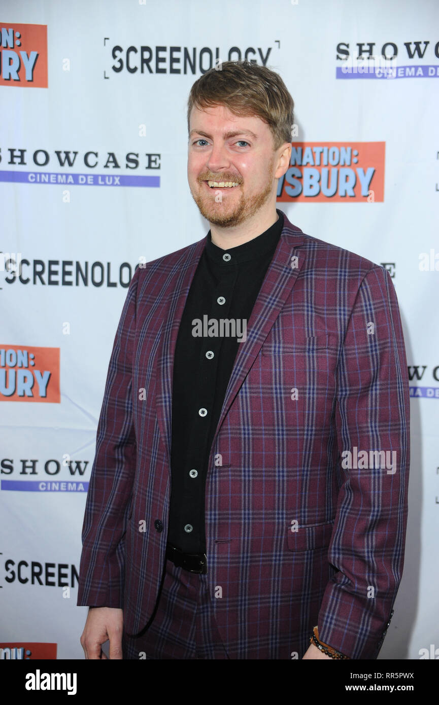 Vu Drewsbury Kevin durant la premiere destination Dewsbury UK. La première d'une nouvelle comédie britannique sur cinq amis qui se réunir pour un dernier périple à Dewsbury après ils découvrent l'un d'eux est mort. Le Prince Charles Cinema, Leicester Square de Londres. Banque D'Images