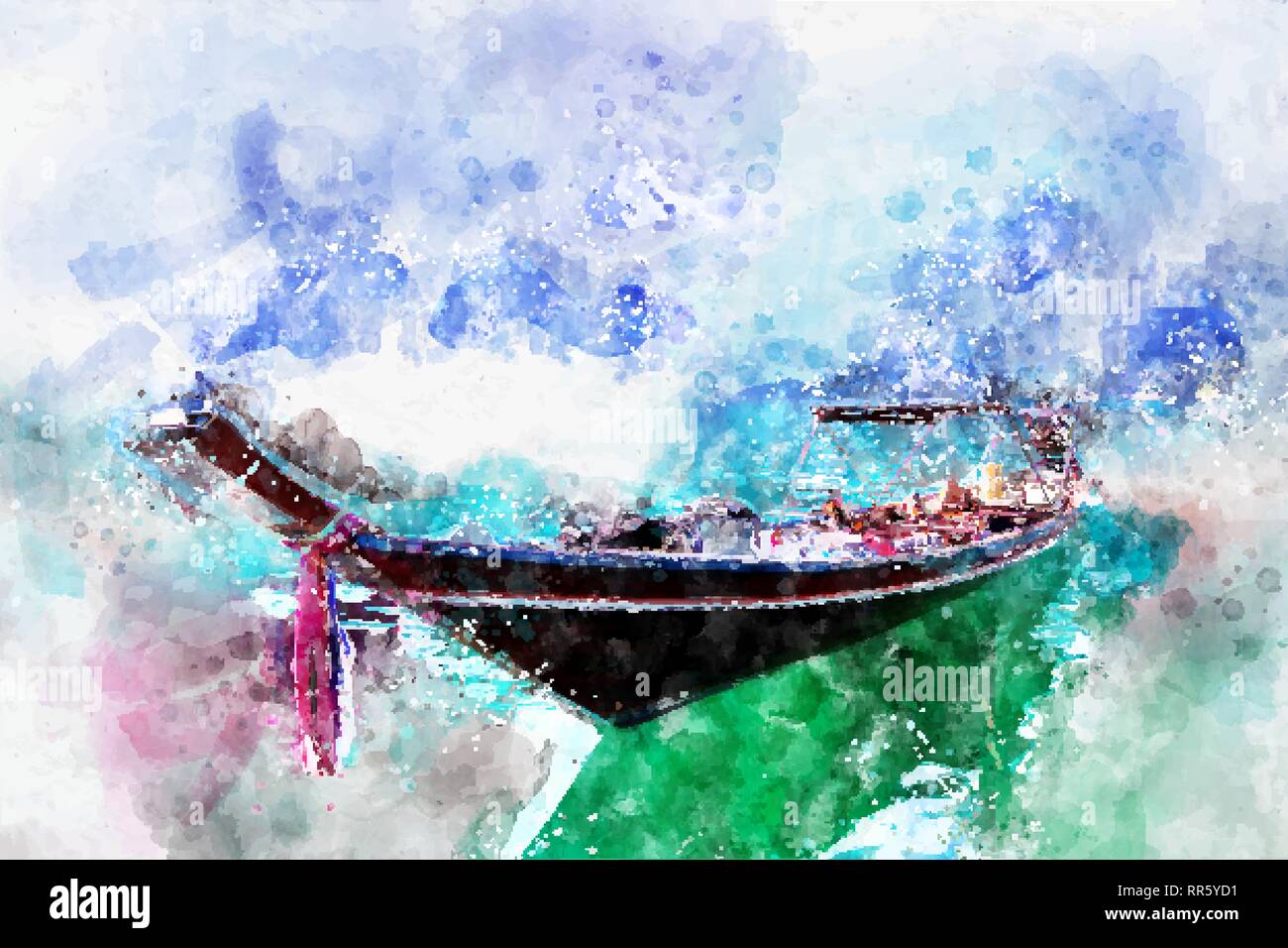 Bateau au parc national de Khao Sok, Surat Thani province, avec l'aquarelle l'art. Illustration de Vecteur
