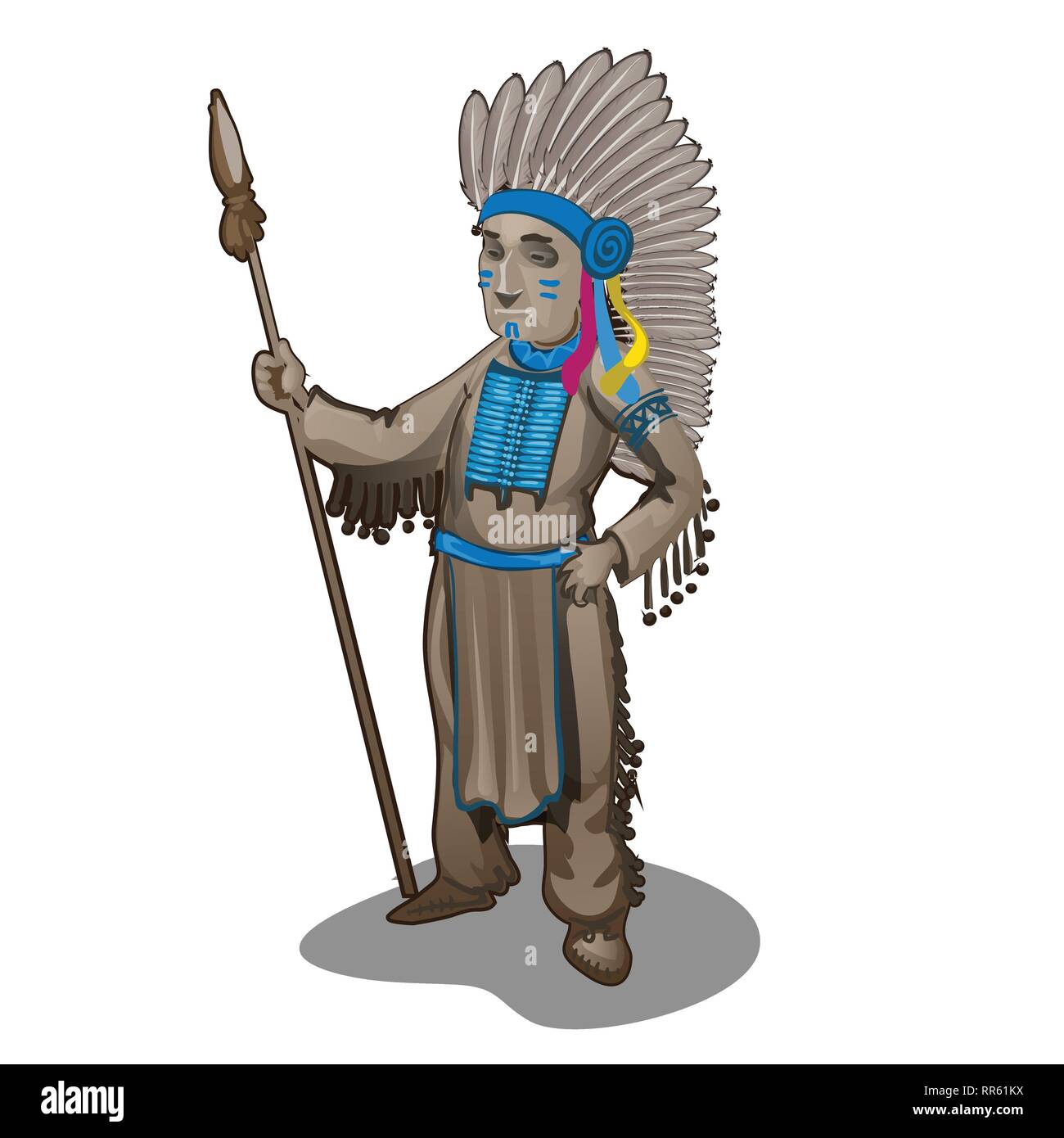 La statuette du chef d'une tribu d'Indiens isolés sur fond blanc. Cartoon vector illustration close-up. Illustration de Vecteur