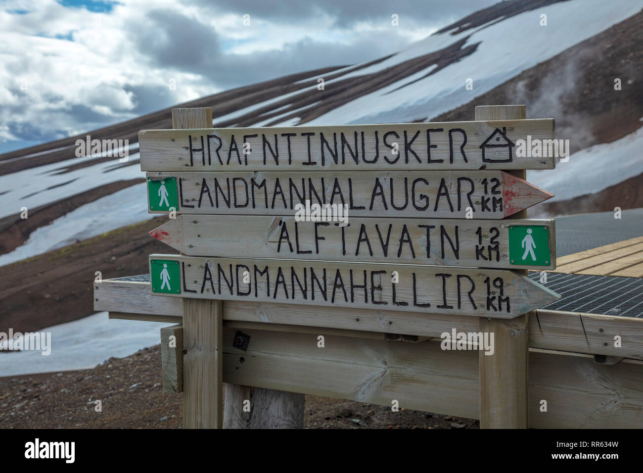 Panneau de randonnée à côté de la cabane de montagne FI à Hrafntinnusker. Sentier de randonnée Laugavegur, hauts plateaux du centre, Sudhurland, Islande. Banque D'Images