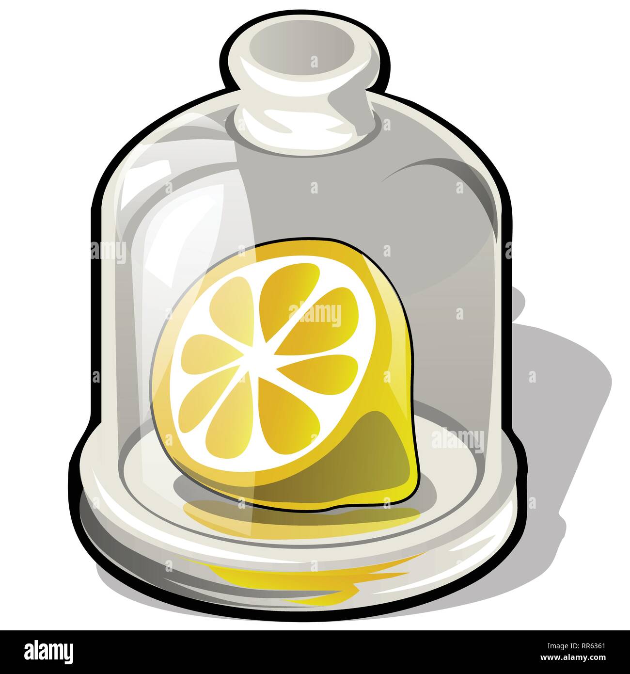 Couper la moitié d'un citron frais sous un dôme de verre isolé sur fond blanc. Cartoon Vector illustration close-up. Illustration de Vecteur