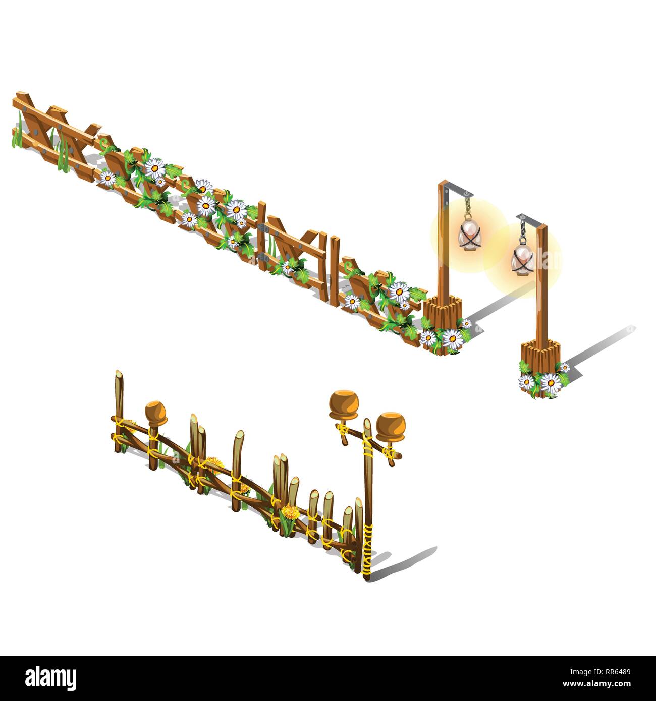 Un ensemble de fragments d'une clôture en bois décoré de fleurs fraîches isolées sur fond blanc. Cartoon Vector illustration close-up. Illustration de Vecteur