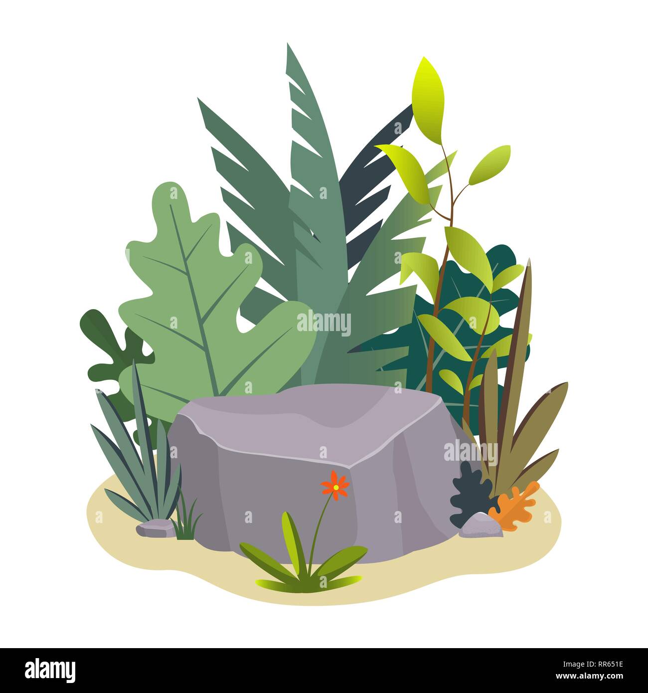 La conception de paysage composition avec plante et des pierres. Jolie composition florale pour carte de voeux, flyer, bannière, app, site sur l'écologie, Botanic, lan Illustration de Vecteur