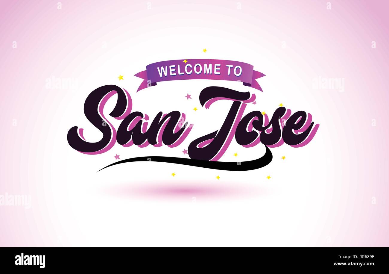 San Jose Bienvenue à texte créatif avec la police manuscrite Purple Pink Colors Design Vector Illustration. Illustration de Vecteur