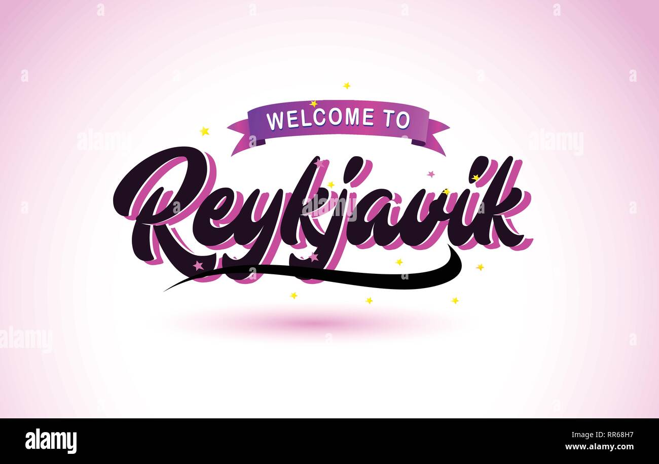 Bienvenue à Reykjavik texte créatif avec police manuscrite Purple Pink Colors Design Vector Illustration. Illustration de Vecteur