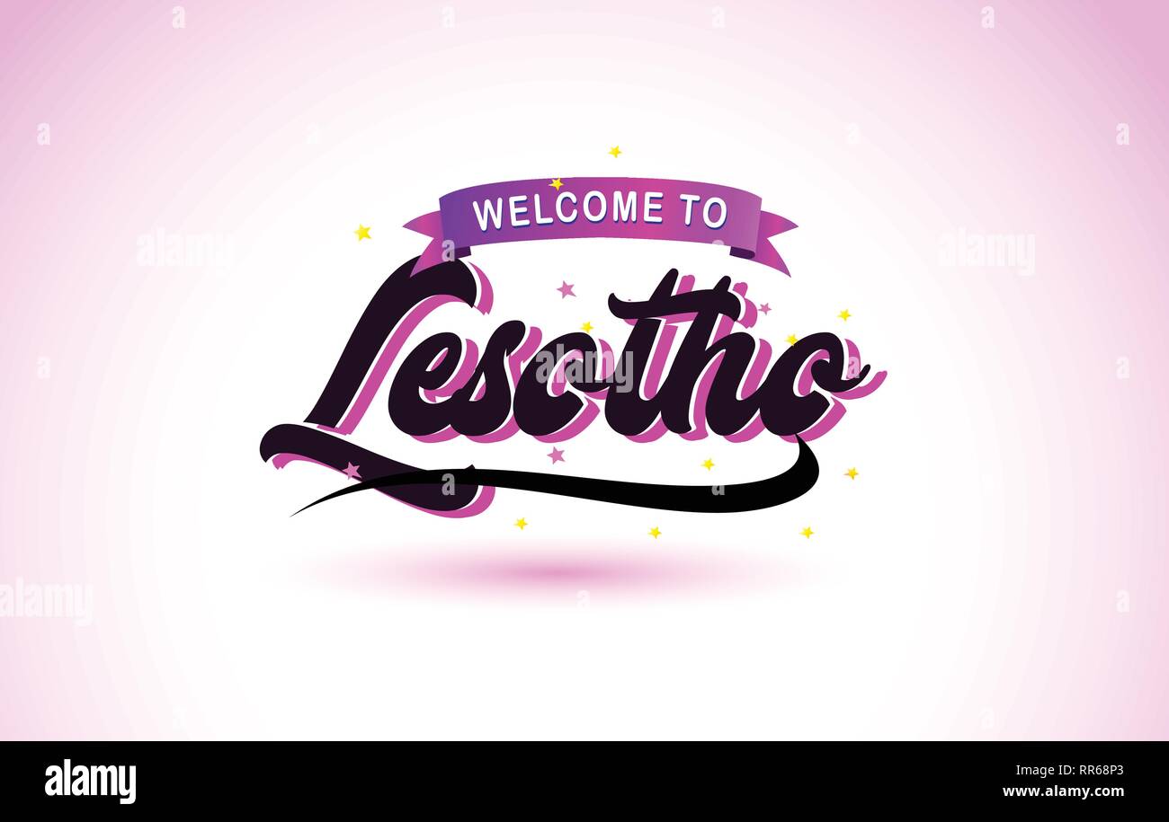 Le Lesotho Bienvenue à texte créatif avec la police manuscrite Purple Pink Colors Design Vector Illustration. Illustration de Vecteur