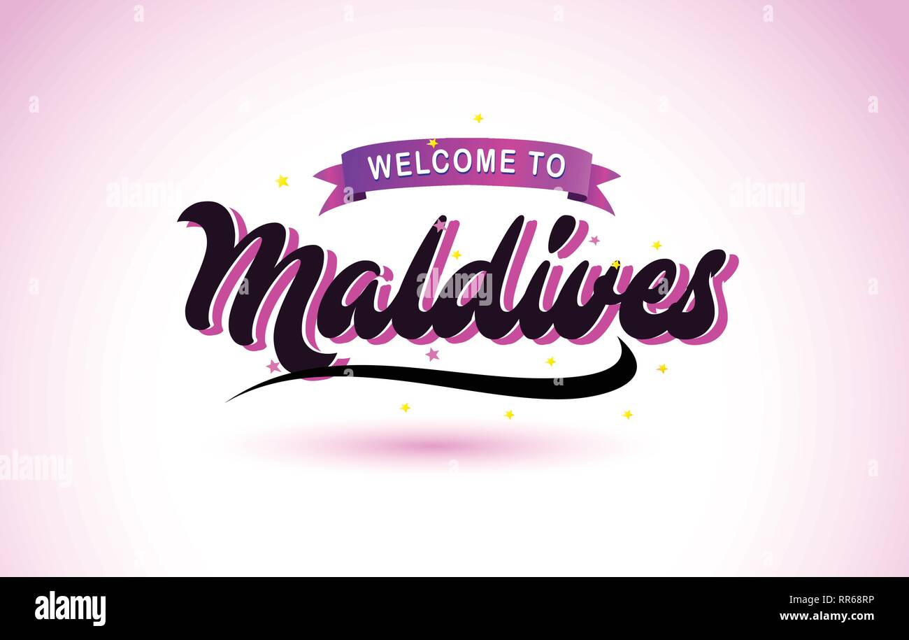 Maldives Bienvenue au texte créatif avec police manuscrite Purple Pink Colors Design Vector Illustration. Illustration de Vecteur