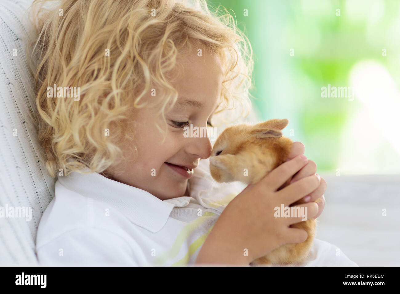 Enfant jouant avec lapin blanc. Petit garçon de ferme et d'alimentation lapin blanc. Célébration de Pâques. Chasse aux oeufs avec kid et animal. Les enfants et les animaux Banque D'Images