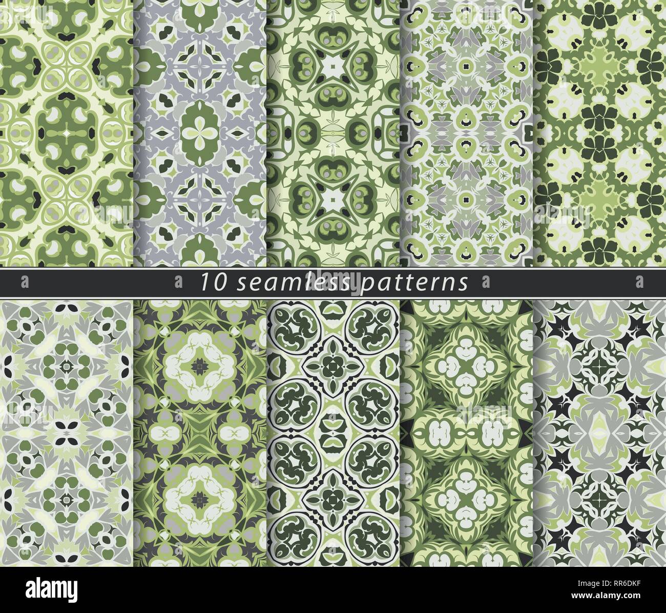 Ensemble de dix modèles sans couture classique dans des tons de vert. Éléments de conception et de décoration pour l'industrie textile, des couvertures de livre, de la fabrication, de l'écran, imprimer, gi Illustration de Vecteur