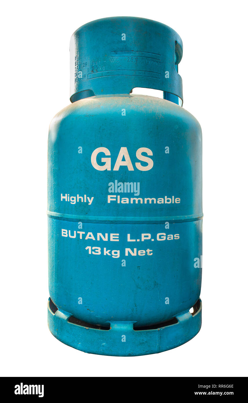 Blue Grungy du gaz de pétrole liquéfié (GPL) Cylindre sur un fond blanc Banque D'Images