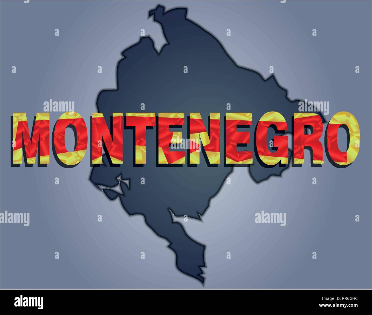 Les contours du territoire du Monténégro dans les tons de gris et le Monténégro dans word couleurs du drapeau officiel, rouge et brun clair Illustration de Vecteur