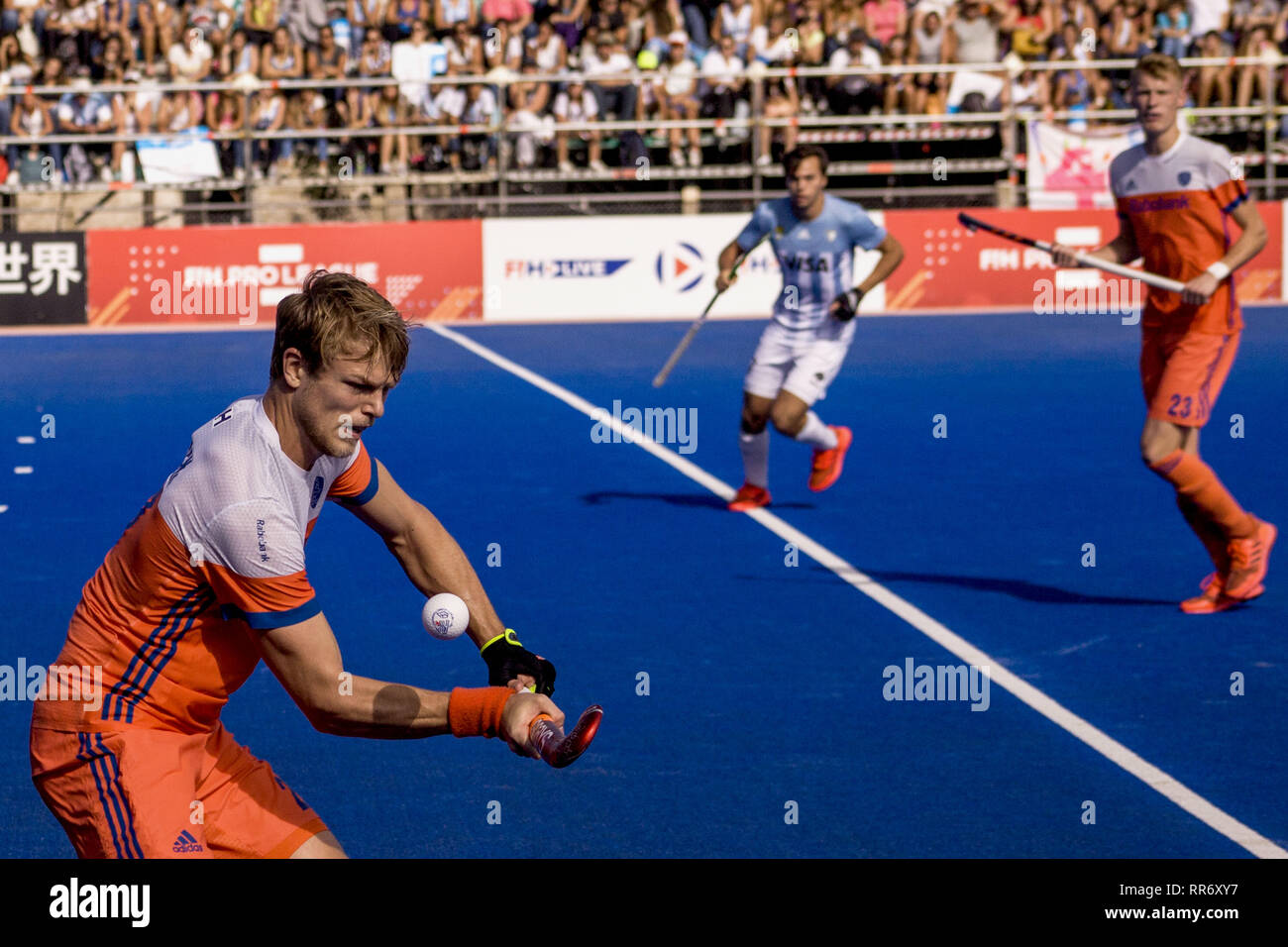 Buenos Aires, capitale fédérale, l'Argentine. Feb 24, 2019. L'équipe masculine de hockey de l'Argentine, également connu sous le nom de Los Leones, a défait l'équipe nationale hollandaise, actuel vice-champion du monde, le dimanche 24 février, avec un score de 4 buts à 3. Les champions olympiques ont remporté leur première victoire dans le nouveau concours . promu par la Fédération Internationale de Hockey après sa défaite contre l'équipe nationale de Belgique, actuel champion du monde et numéro un dans le classement, et après il a été suspendu, samedi dernier, le match contre l'équipe d'Allemagne produit d'une forte tempête. (Crédit Image : © Roberto Alme Banque D'Images