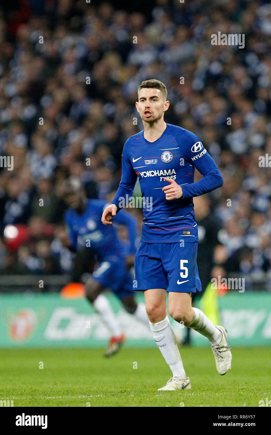 Jorginho de Chelsea lors de la finale de la Coupe du carabao EFL entre Chelsea et Manchester City au stade de Wembley, Londres, Angleterre le 24 février 2019. Photo par Carlton Myrie. Usage éditorial uniquement, licence requise pour un usage commercial. Aucune utilisation de pari, de jeux ou d'un seul club/ligue/dvd publications. Banque D'Images
