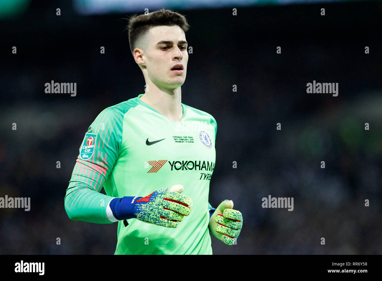 Kepa Arrizabalaga de Chelsea lors de la finale de la Coupe du carabao EFL entre Chelsea et Manchester City au stade de Wembley, Londres, Angleterre le 24 février 2019. Photo par Carlton Myrie. Usage éditorial uniquement, licence requise pour un usage commercial. Aucune utilisation de pari, de jeux ou d'un seul club/ligue/dvd publications. Banque D'Images