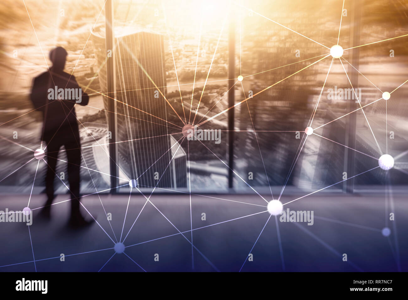 Blockchain sur réseau gratte-ciel fond flou. La technologie financière et communication concept. Banque D'Images