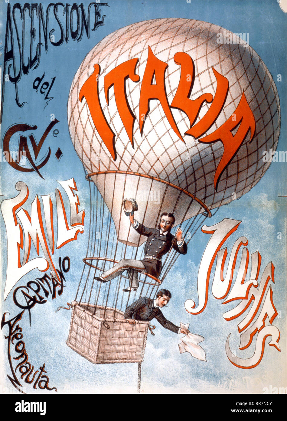 Ascensione del grotte. Emile Julhes, capitano areonauta - Italien affiche montre deux hommes dans un ballon captif étiqueté Italia 1880-1900 Banque D'Images