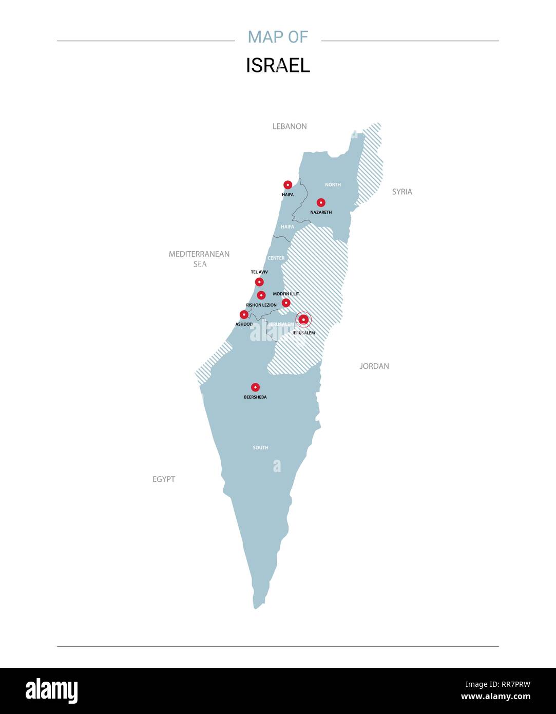 Israël carte vectorielle. Modèle modifiable avec les régions, les villes, les axes rouge et bleu sur fond blanc de surface. Illustration de Vecteur