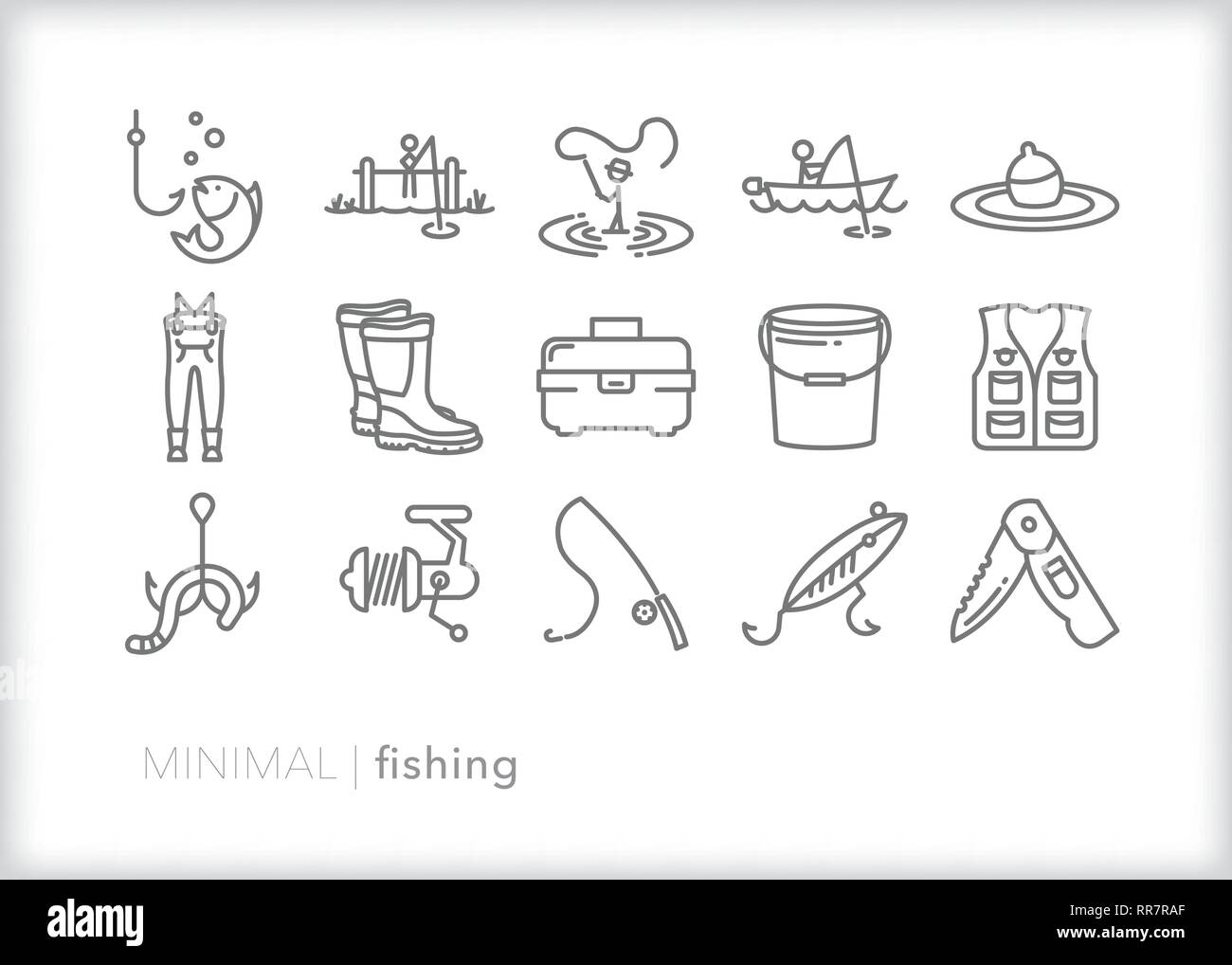Ensemble de 15 icônes de ligne de pêche à des fins récréatives, passe-temps ou la pêche sportive Illustration de Vecteur