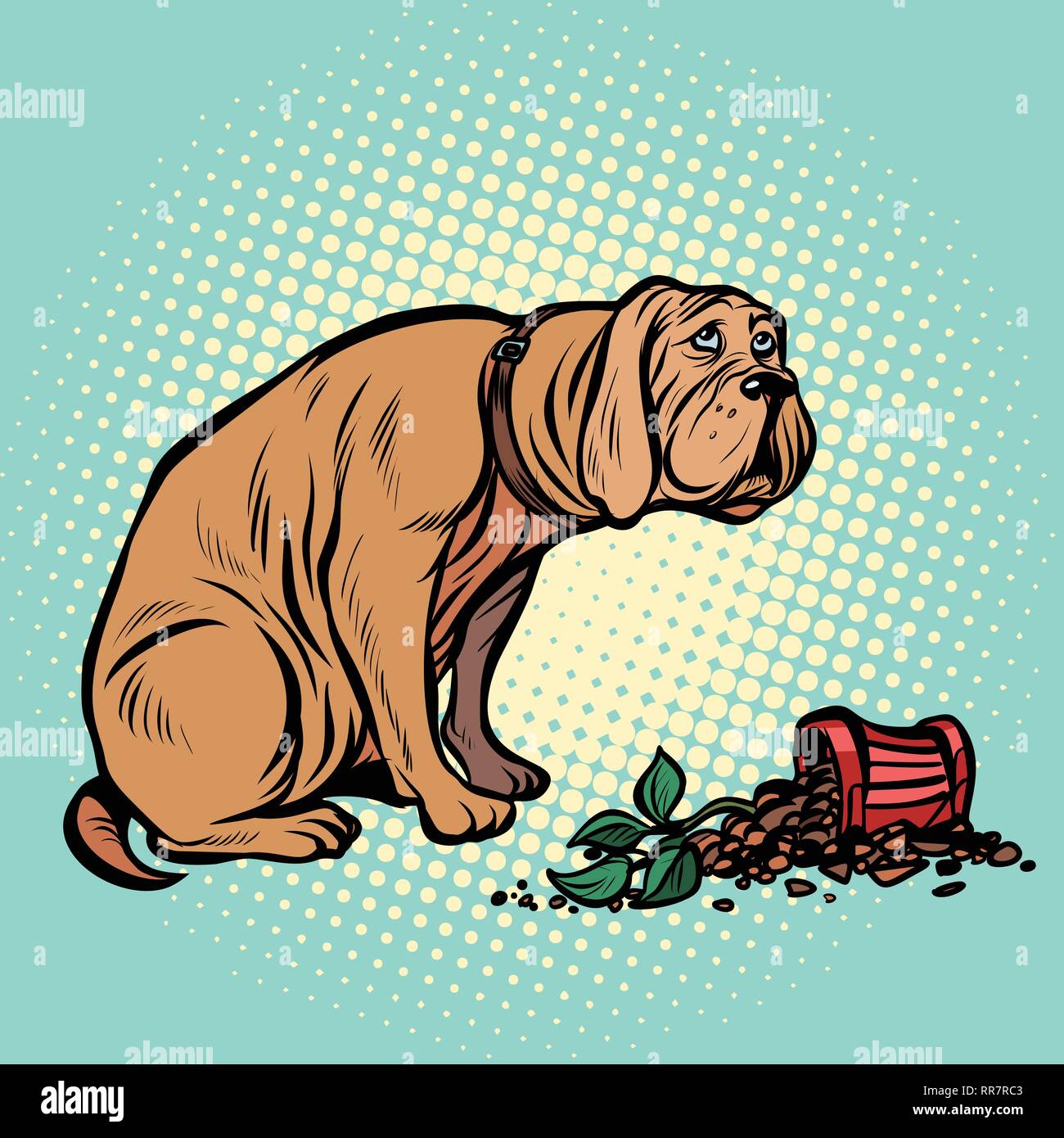Mauvais chien a cassé une plante en pot. Pop art retro kitsch vintage illustration vectorielle Illustration de Vecteur