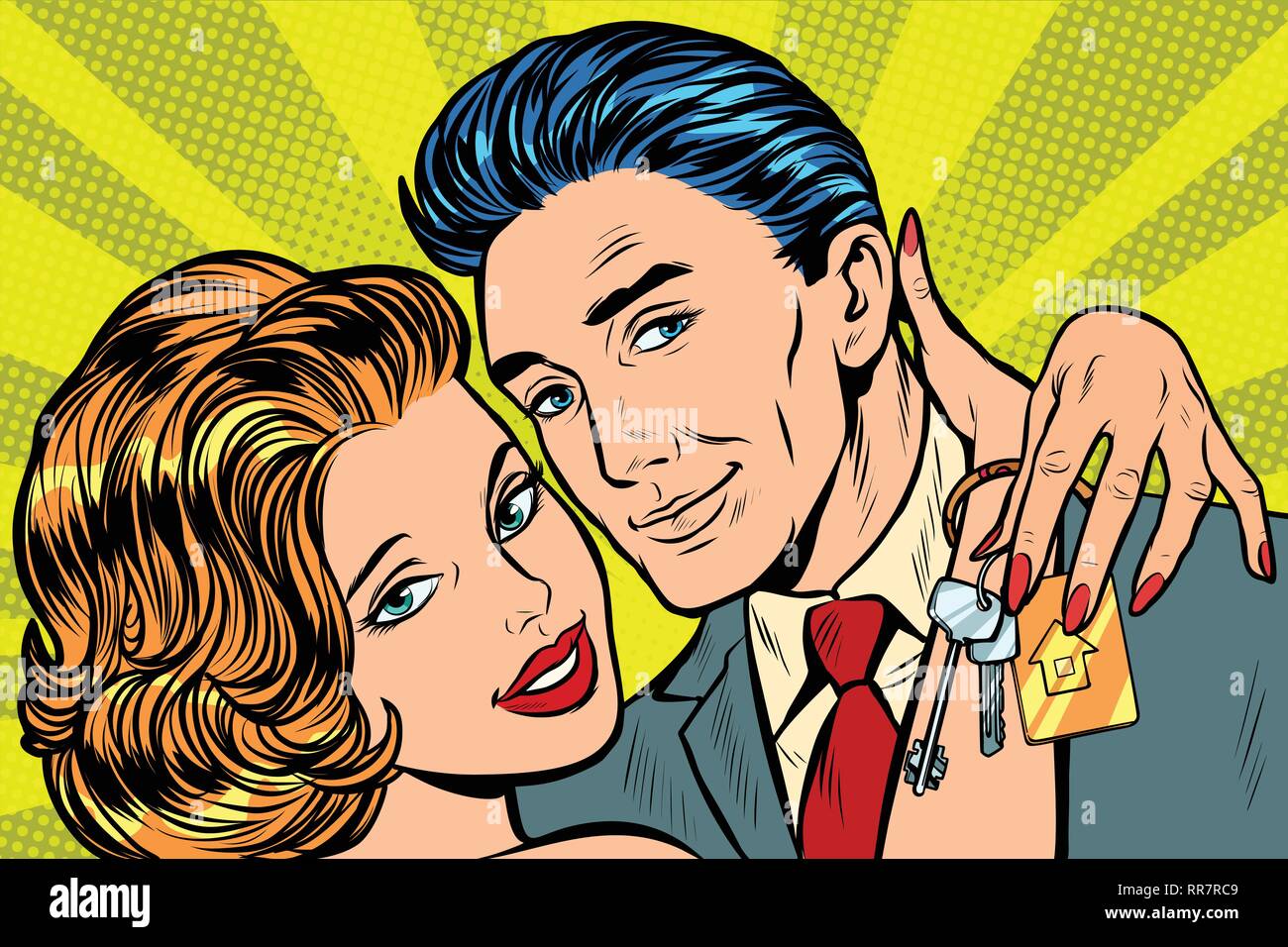Couple in love, clés de maison cadeau. Pop art retro kitsch vintage illustration vectorielle Illustration de Vecteur