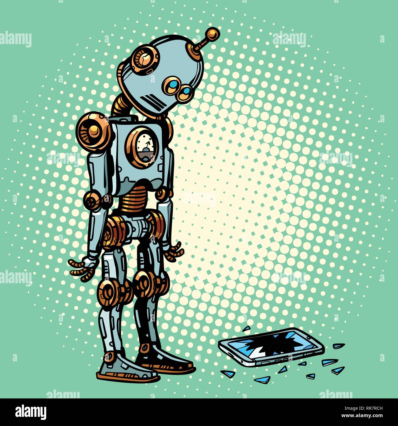 Robot et casse de l'écran du téléphone. Pop art retro kitsch vintage illustration vectorielle Illustration de Vecteur