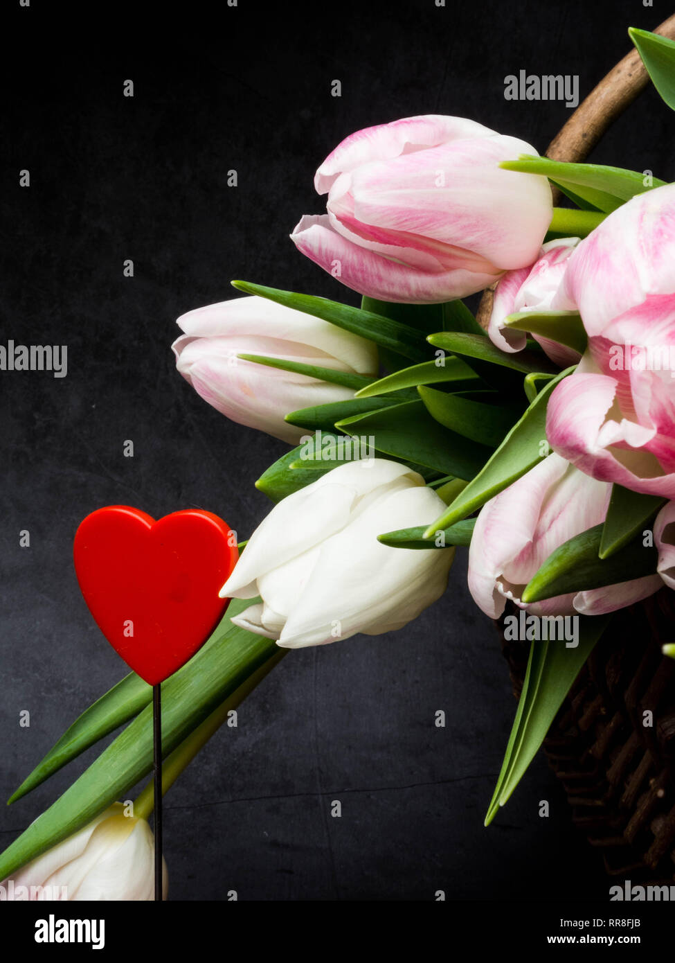 Grand bouquet de tulipes roses dans panier en osier. Motif de carte postale, l'espace de copie. Banque D'Images