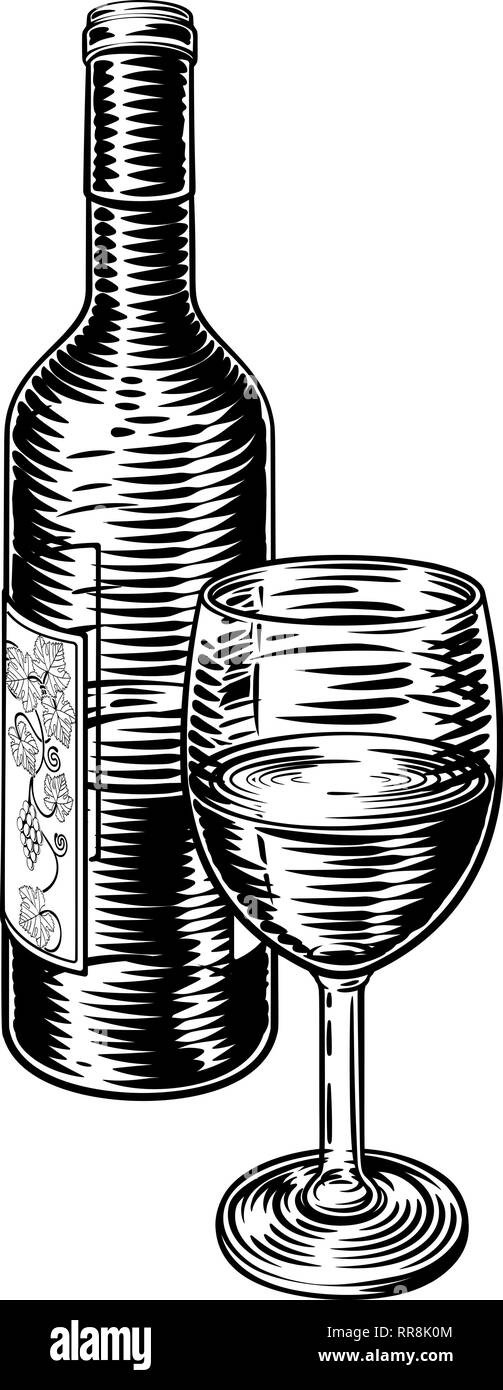 Bouteille de vin en verre et la gravure sur bois Vintage Illustration de Vecteur