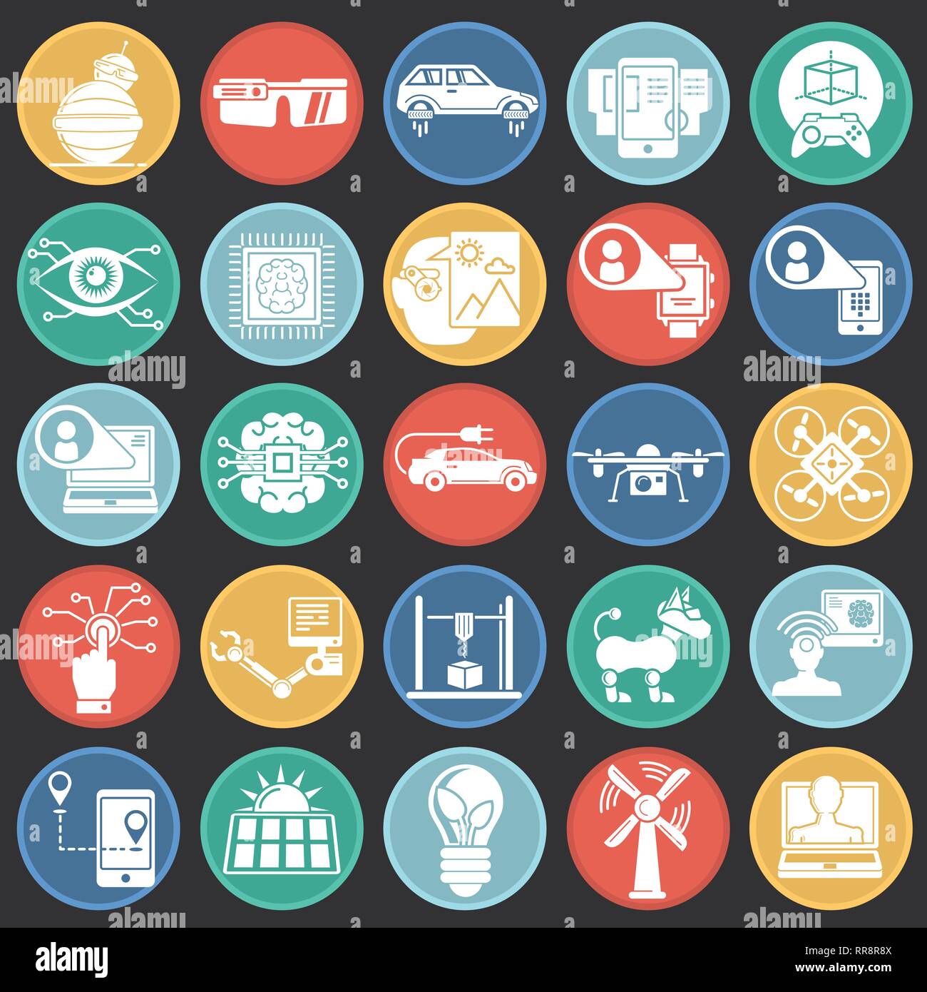 Les technologies de l'icons set sur les cercles de couleur fond noir pour la conception graphique et web, simple signe vecteur moderne. Concept de l'Internet. Symbole de la mode Illustration de Vecteur