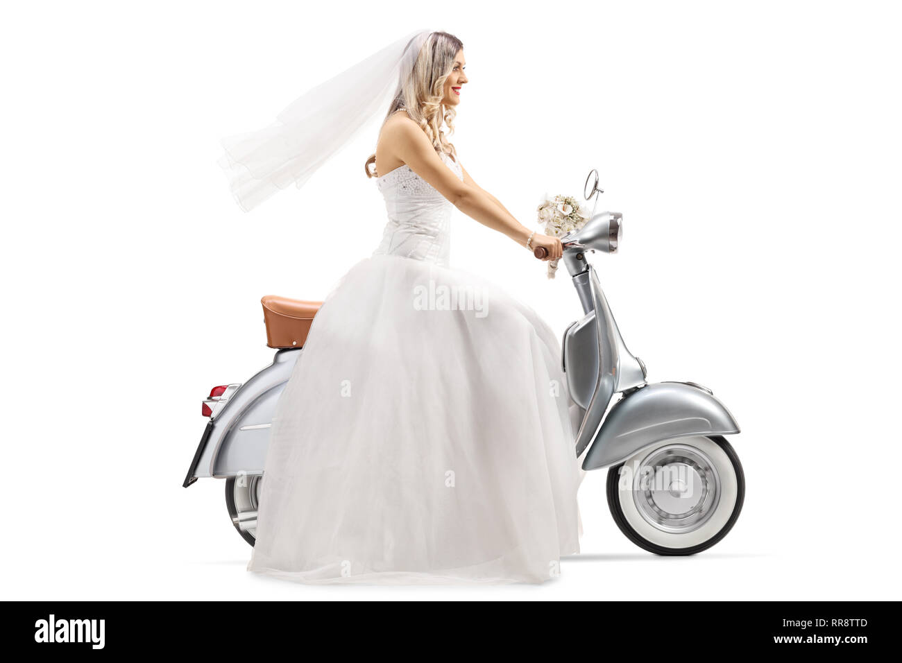 Profil de toute la longueur de la bride d'un cheval vintage scooter isolé sur fond blanc Banque D'Images