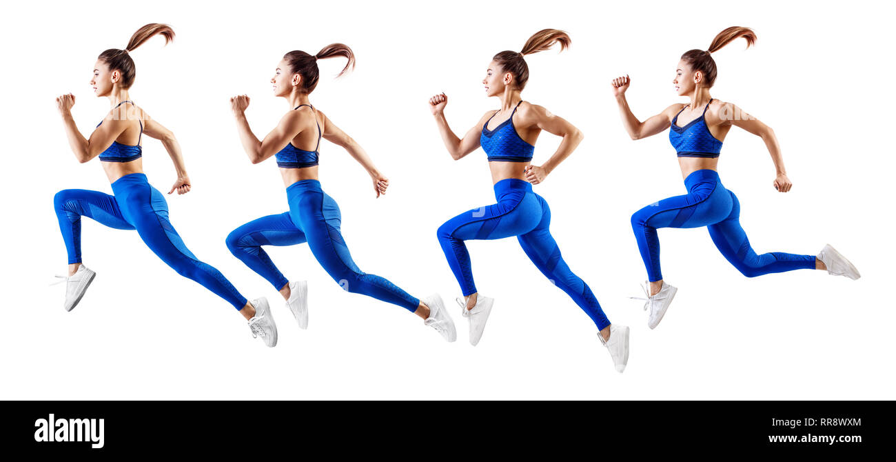 Jeune femme en bleu runner sportswear sauter dans l'air. Banque D'Images