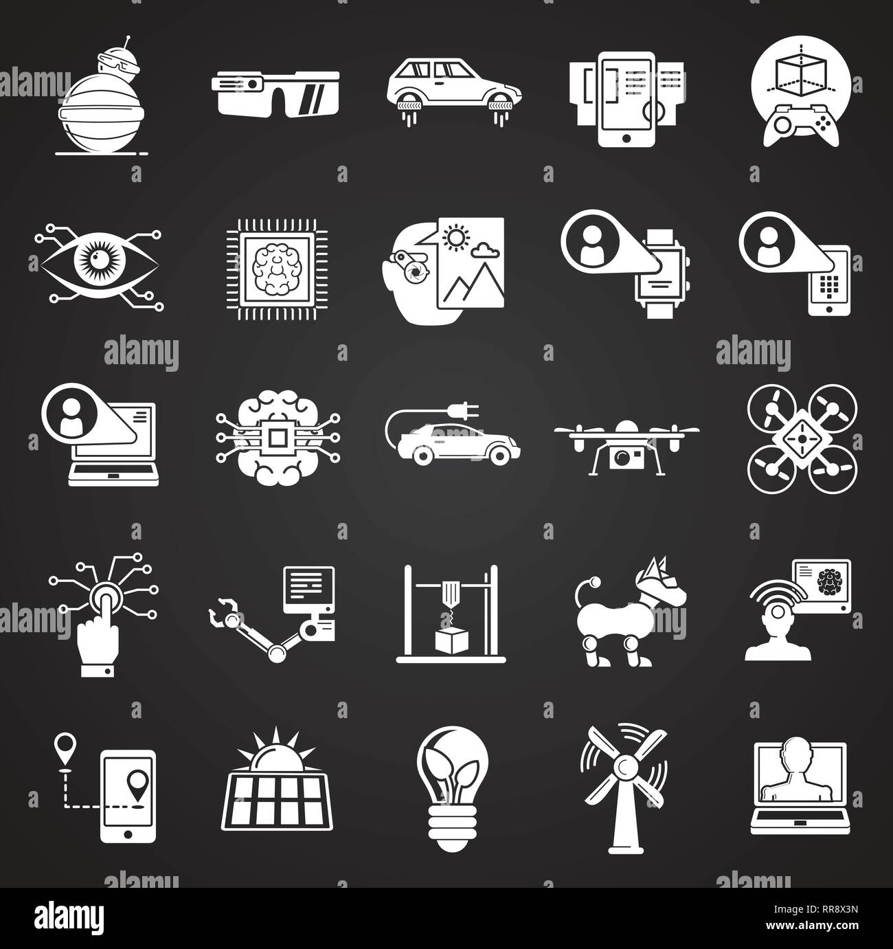 Les technologies de l'icons set sur fond noir pour la conception graphique et web, simple signe vecteur moderne. Concept de l'Internet. Symbole à la mode pour la conception de site web site web application mobile ou bouton. Illustration de Vecteur