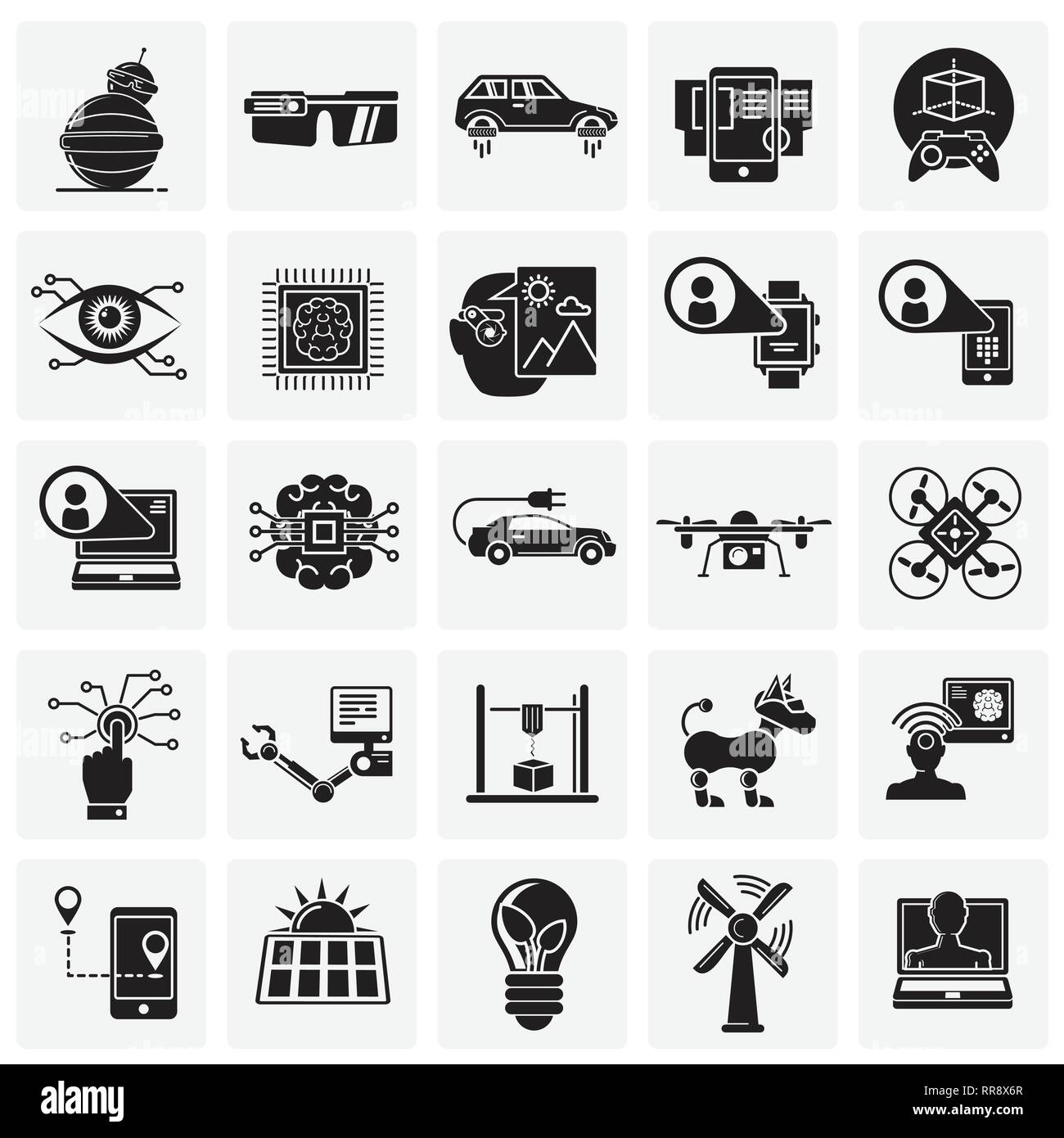 Les technologies de l'icons set sur les carrés de fond pour la conception graphique et web, simple signe vecteur moderne. Concept de l'Internet. Symbole à la mode pour la conception de site web site web application mobile ou bouton. Illustration de Vecteur