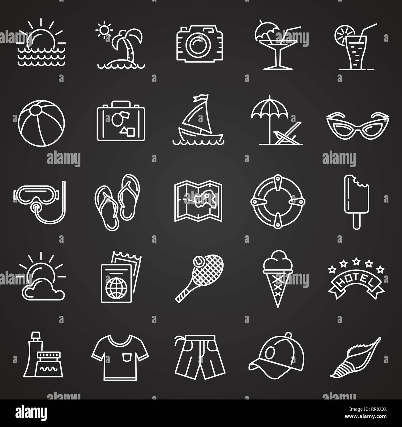 Ligne d'été icons set sur fond noir pour la conception graphique et web, simple signe vecteur moderne. Concept de l'Internet. Symbole à la mode pour la conception de site web site web application mobile ou bouton. Illustration de Vecteur