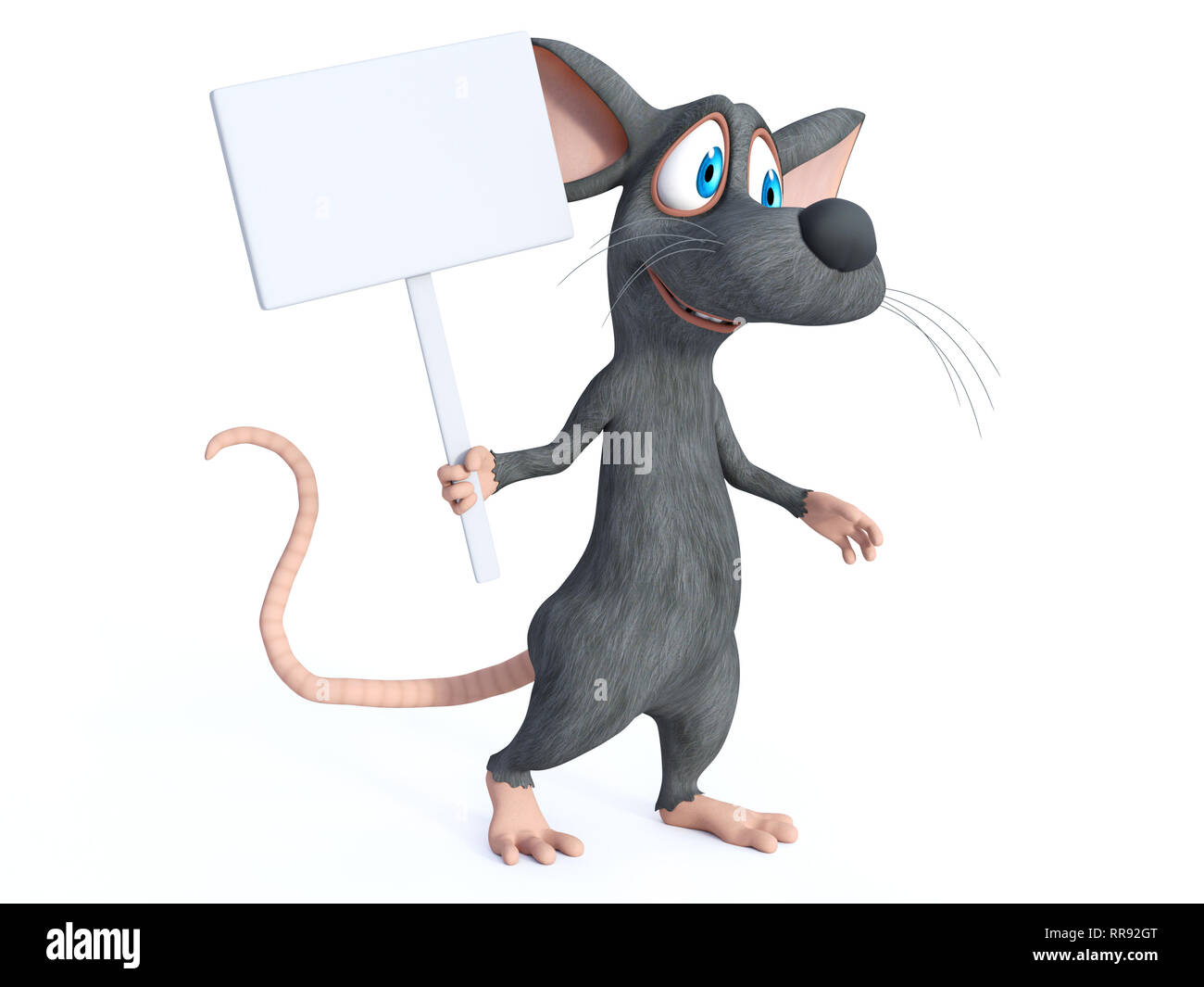 Le rendu 3D d'une souris de dessin animé mignon smiling holding a blank sign en marchant. Arrière-plan blanc. Banque D'Images