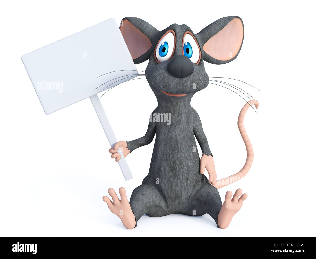 Le rendu 3D d'un sourire mignon cartoon souris s'asseoir sur le plancher et holding a blank sign. Arrière-plan blanc. Banque D'Images