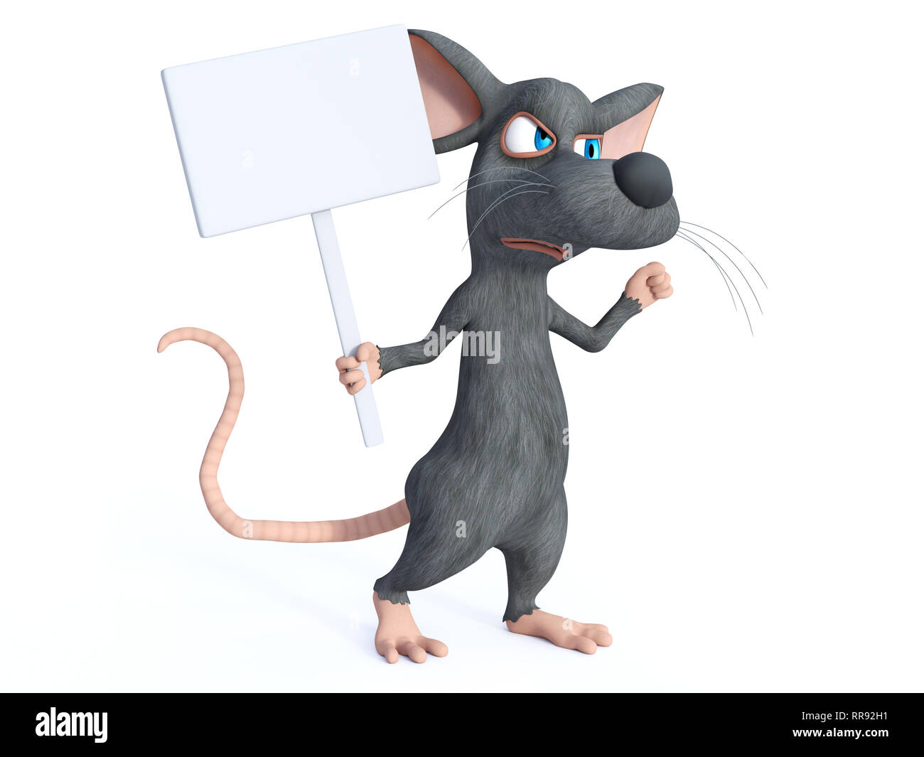 Le rendu 3D d'un cute cartoon souris holding a blank sign et à la colère en marchant et protester. Arrière-plan blanc. Banque D'Images