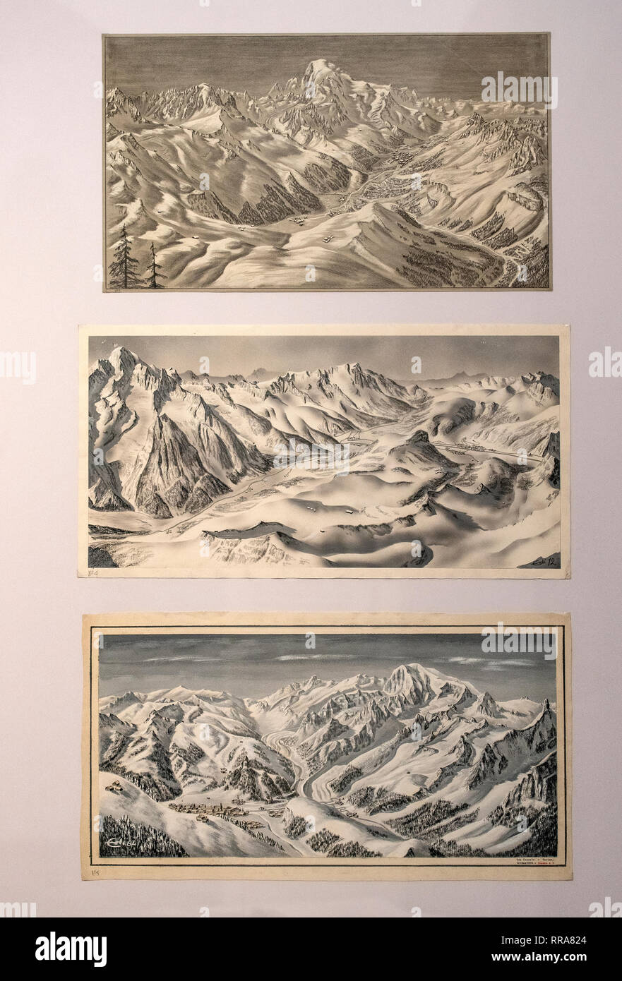 Turin Monte dei Cappuccini Musée de la montagne Exposition sur l'Edi Consolo - 3 cartes - de la partie supérieure de la vallée de Chamonix - Mont Blanc 1964 - à partir de la colle d'Arp 1962 - Courmayeur et Mont Blanc 1964 Banque D'Images