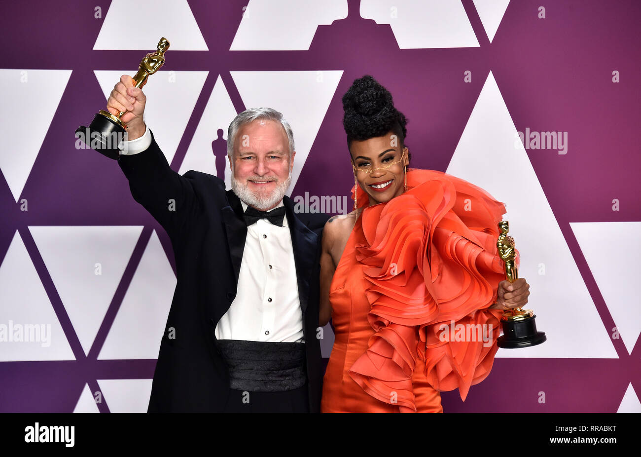 Jay Hart et Hannah Beachler avec le prix de la meilleure conception de production pour la panthère noire dans la salle de presse lors de la 91e Academy Awards tenue au Kodak Theater à Hollywood, Los Angeles, USA. Banque D'Images